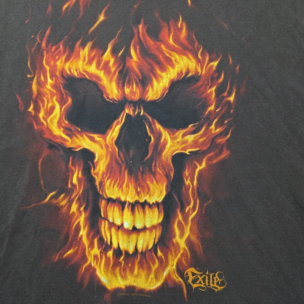 Vintage 2004 Exile‎ Flaming Skull T-Shirt Men's XL Black Tee AAA Tag